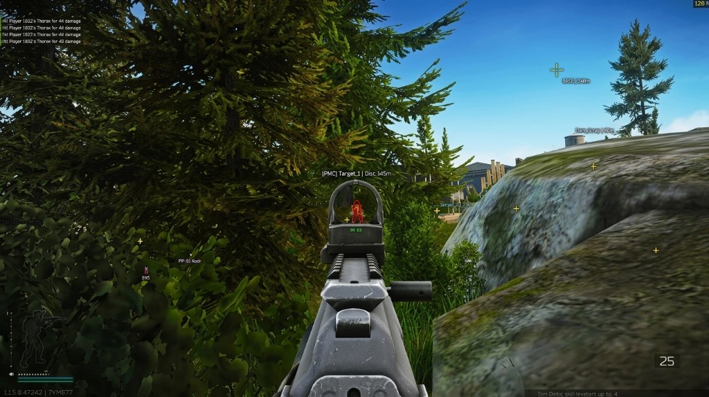 Scoped aim with player ESP Escape from Tarkov forest fight with red-dot aim and player ESP labels